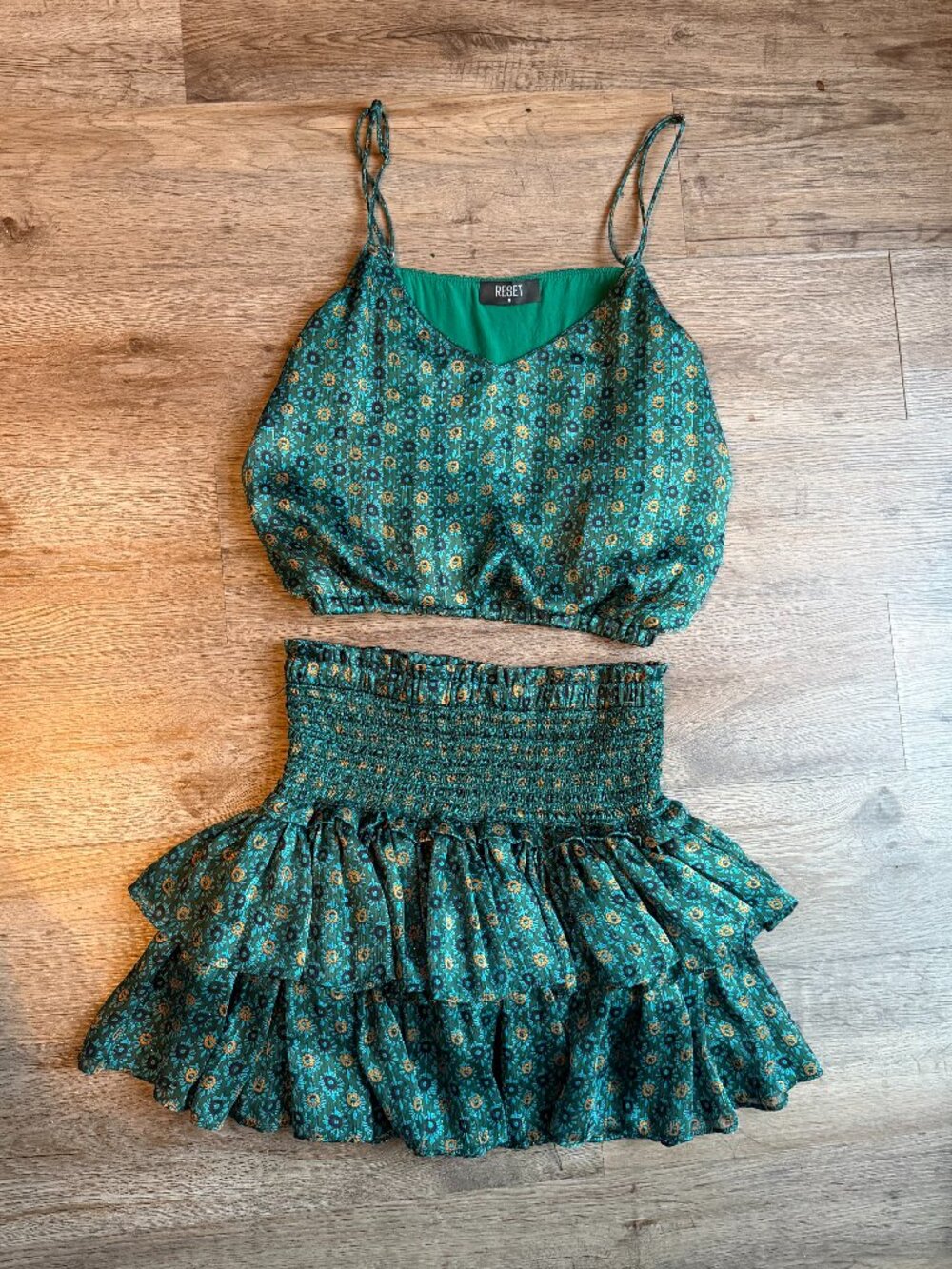 Reset green, blue, and gold top and skirt set